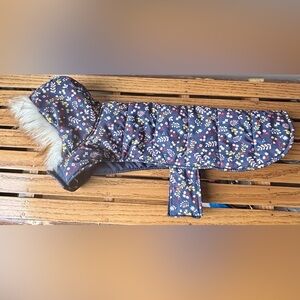 Pup Crew Dog Jacket / Vest w/Hood & Faux Fur Trim, Quilted Size XL Blue Floral